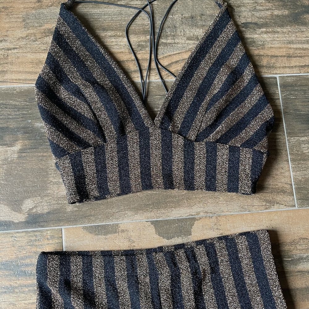 Black & gold striped matching two piece pant suit